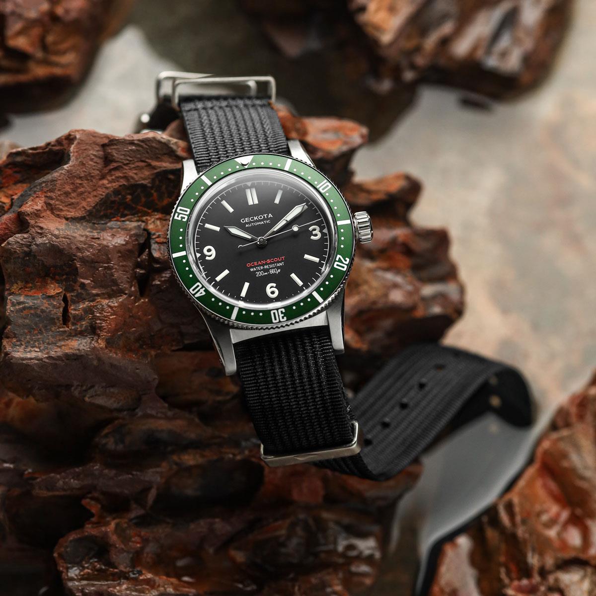 Geckota Ocean Scout Dive watch Emerald Green Black Nylon Strap