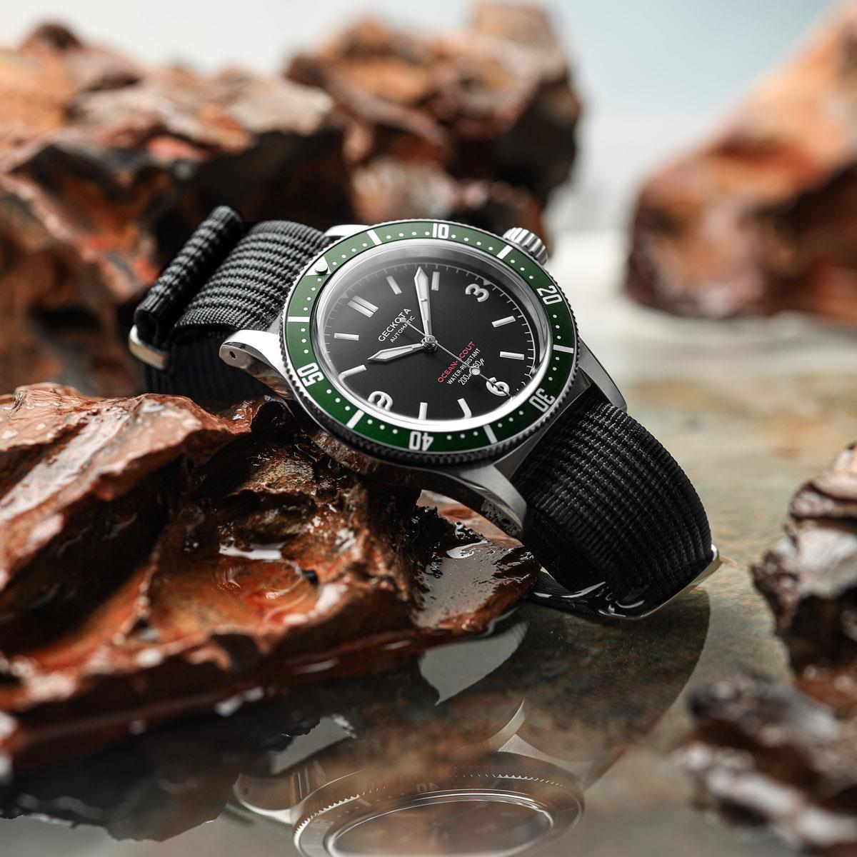 Geckota Ocean Scout Dive watch Emerald Green Black Nylon Strap